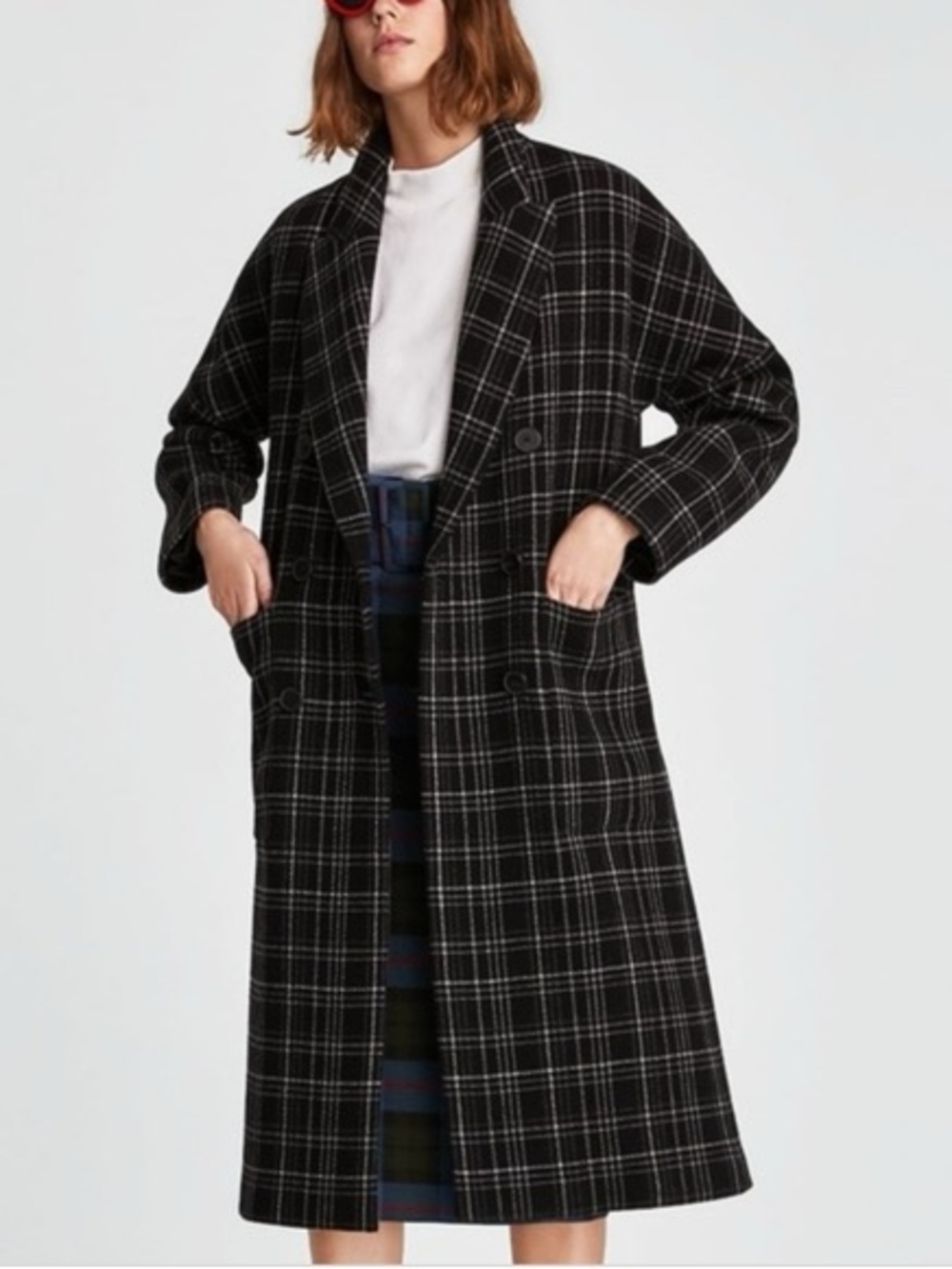 Zara Black & White Plaid Long Trench Coat